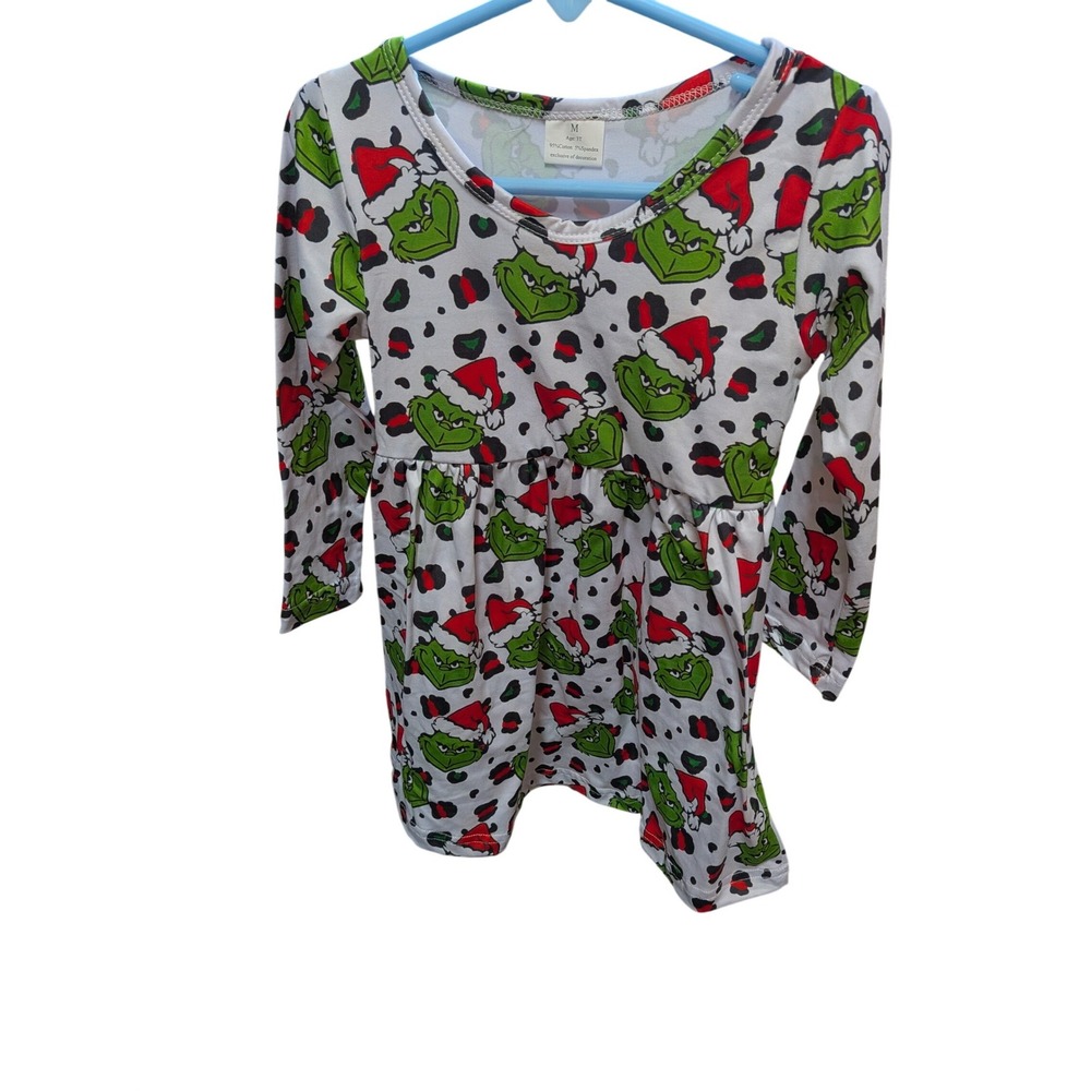 Grinch Christmas Leopard Print Long Sleeve Dress Kids Size 3T‎ White Green Red